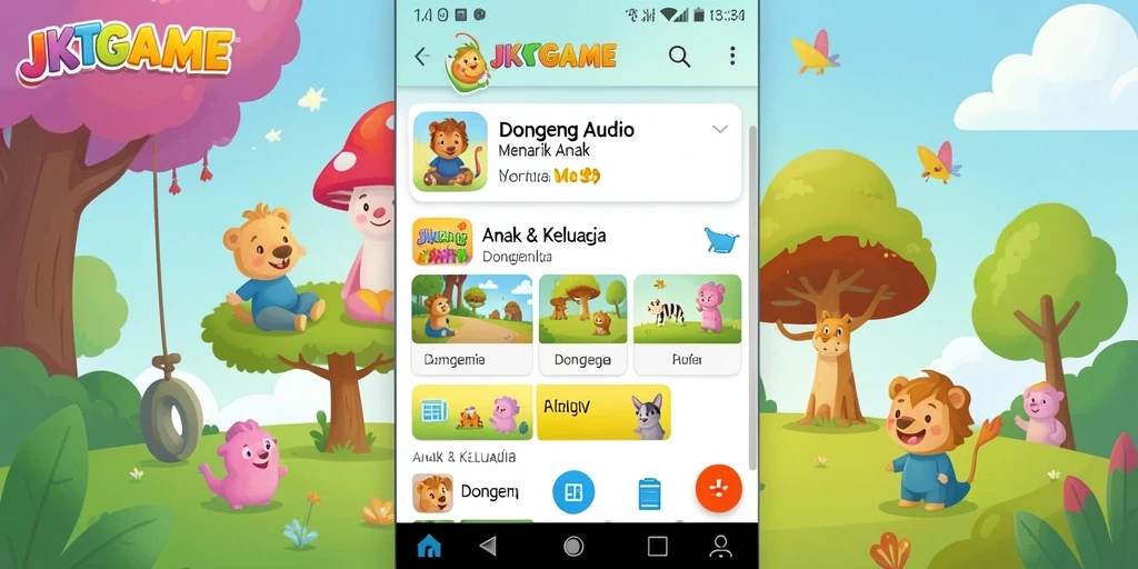 Tampilan antarmuka JKTGAME yang ramah anak dengan berbagai pilihan dongeng audio.